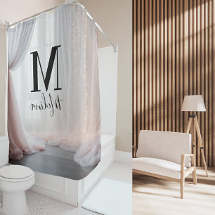 Rideaux De Douche Fond rose monogramme noir écriture moderne mariage
