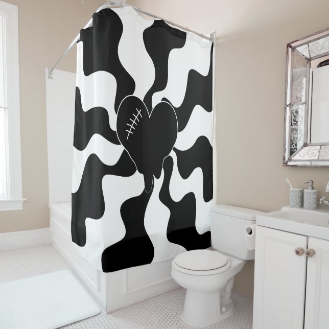 Rideaux De Douche Fonte cardiaque en noir et blanc (En situation)