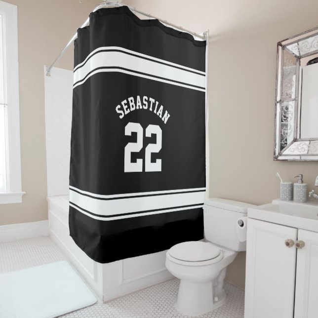 Rideaux De Douche Football nouveauté Jersey personnalisé noir blanc (En situation)