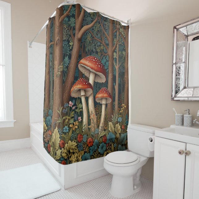 Rideaux De Douche Forêt de champignons rétro (En situation)