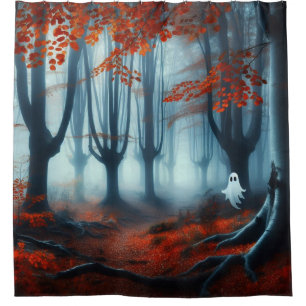 Rideaux De Douche Forêts éffrayantes d'automne avec un fantôme