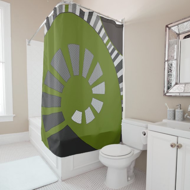 Rideaux De Douche Forme spirale, abstraite, pois, gris, verte (En situation)