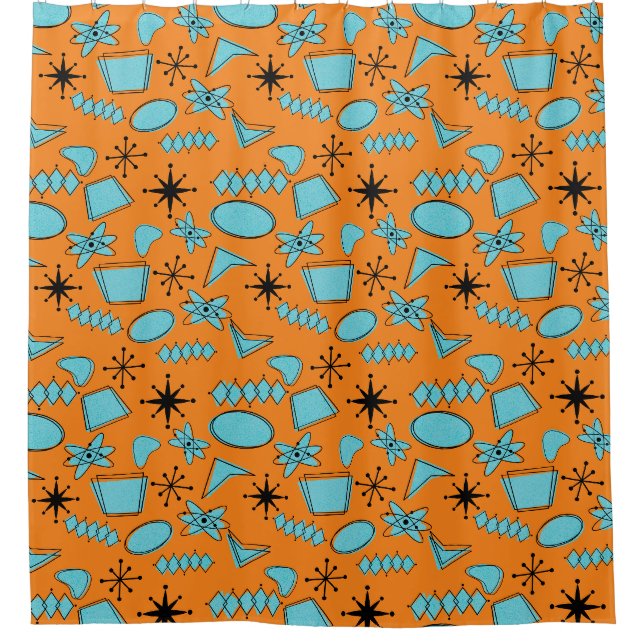 Rideaux De Douche Formes atomiques MCM Turquoise sur orange (Devant)
