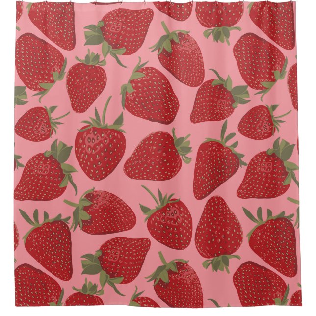 Rideaux De Douche Fraises rouges mûres sur motif rose (Devant)