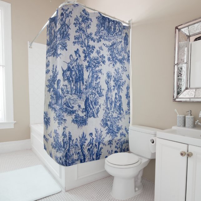 Rideaux De Douche Française toile de jouy bleu et blanc élégant (En situation)