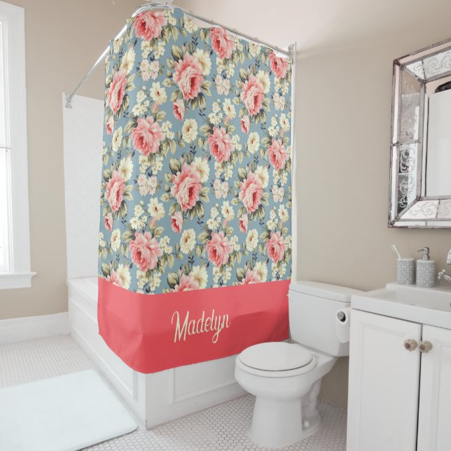 Rideaux De Douche French Country Cottage Floral Monogrammed (En situation)