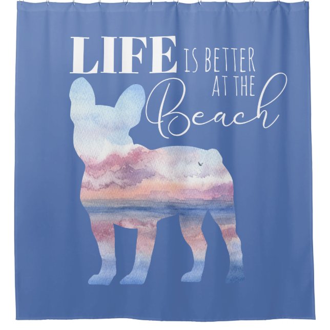 Rideaux De Douche Frenchie Beach Scène rose et bleu (Devant)
