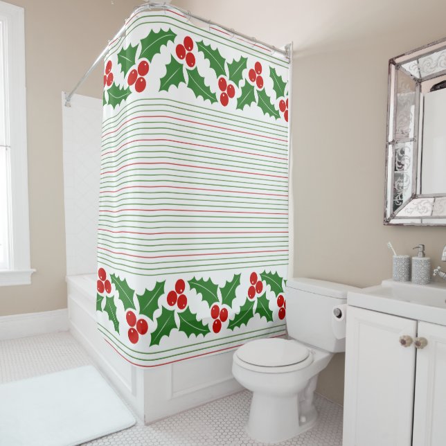 Rideaux De Douche Fruit et rouge, rayures vertes Noël (En situation)