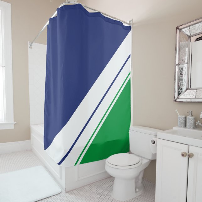 Rideaux De Douche Fun Navy Blue Kelly Green White Racing Stripes (En situation)