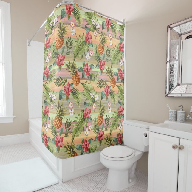 Rideaux De Douche Fun Tropical Pineappy Fruit Floral Stripe Motif (En situation)