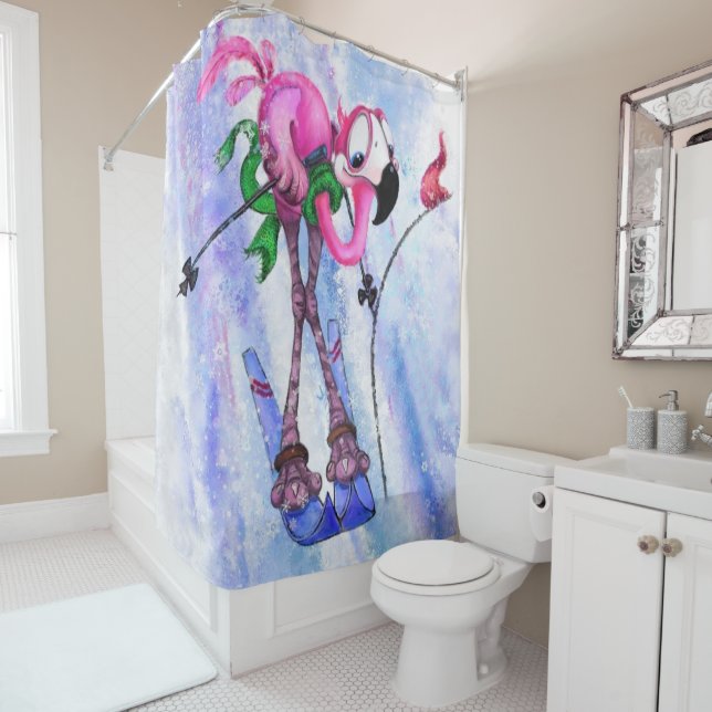 Rideaux De Douche Funny Pink Flamant rose Skier - Dessin Dessin Dess (En situation)