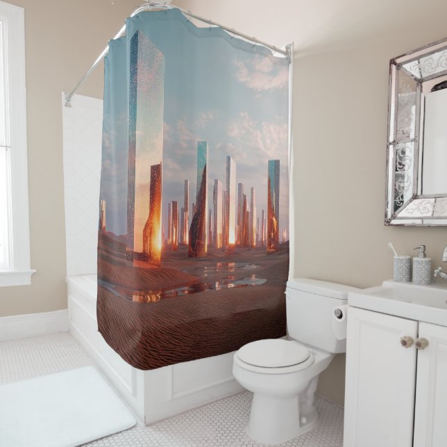 Rideaux De Douche Futuristic Surreal Mirror Towers In Desert (En situation)