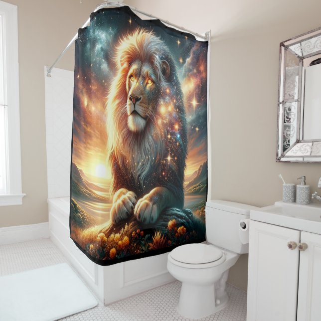 Rideaux De Douche Galaxie cosmique Espace Lion Leo Force Astrologie (En situation)