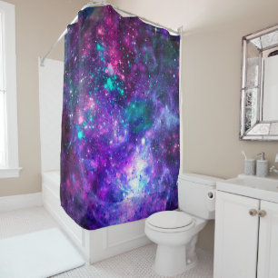 Rideaux De Douche Galaxie spatiale violette Cosmique Teal Rose Ciel