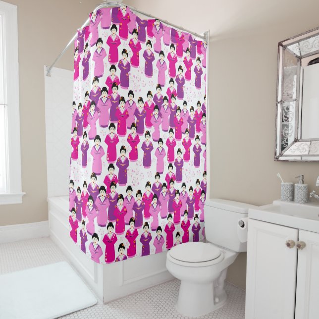 Rideaux De Douche Geisha rose violet motif (En situation)