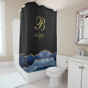 Rideaux De Douche Géode d'Agate de la marine de l'or noir Monogramme
