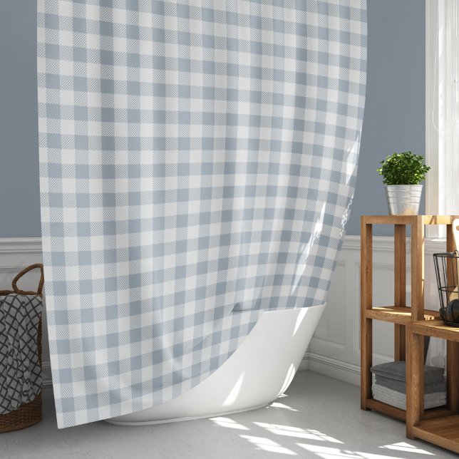 Rideaux De Douche Gingham Pattern Coastal Checkered White Muted Blue (Créateur téléchargé)