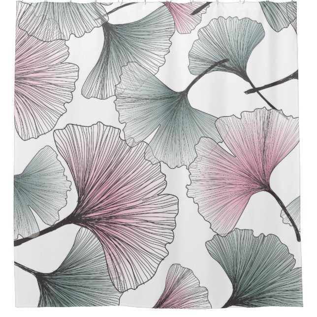 Rideaux De Douche Gingko biloba dessiné à la main. (Devant)