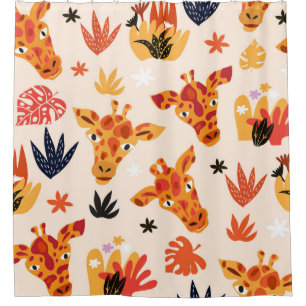 Rideaux De Douche Giraffe de dessin : Floral Savanna Motif