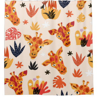 Rideaux De Douche Giraffe de dessin : Floral Savanna Motif