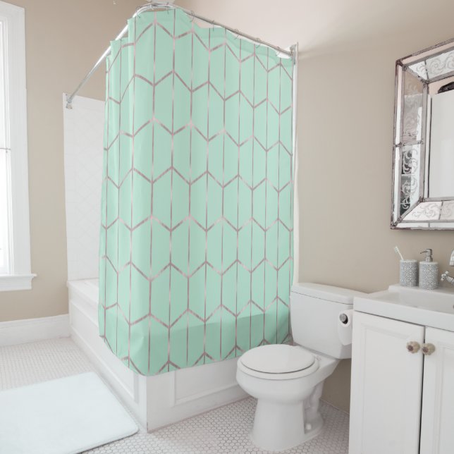 Rideaux De Douche Glam géométrique Hexagon rose Gold & Mint Chic (En situation)