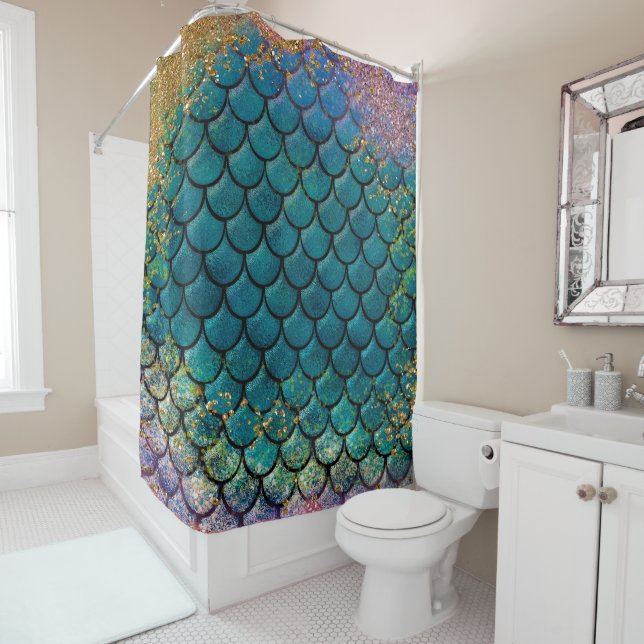 Rideaux De Douche Glam Mermaid Balances de poisson Turquoise violet  (En situation)