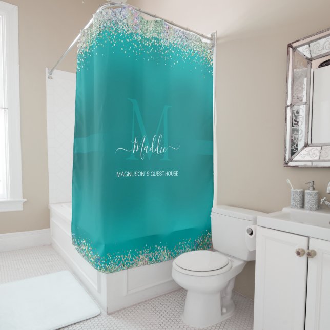 Rideaux De Douche Glamme à cristaux arctiques Aqua Monogramme métall (En situation)