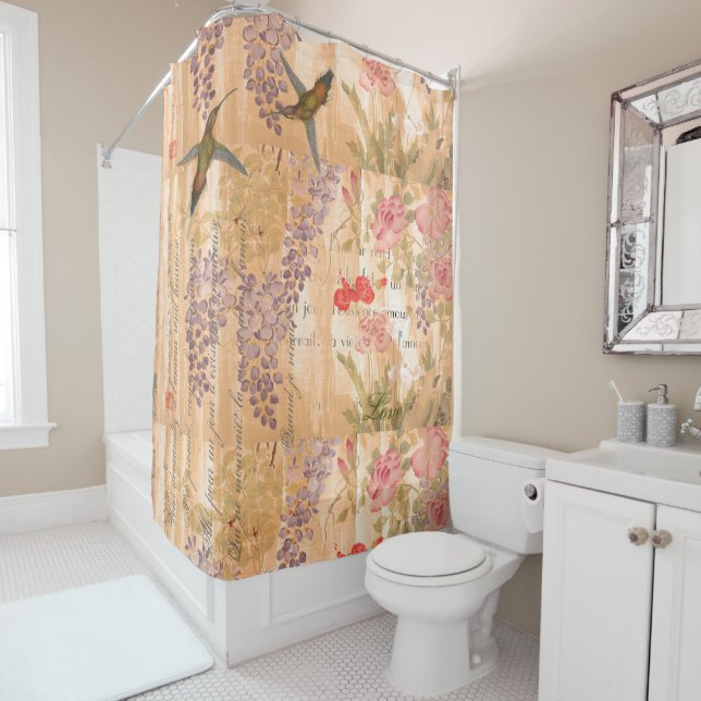 Rideaux De Douche Glycines botaniques et fleurs roses florales (En situation)
