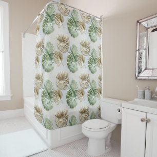 Rideaux De Douche Gold Green White Feuilles tropicaux