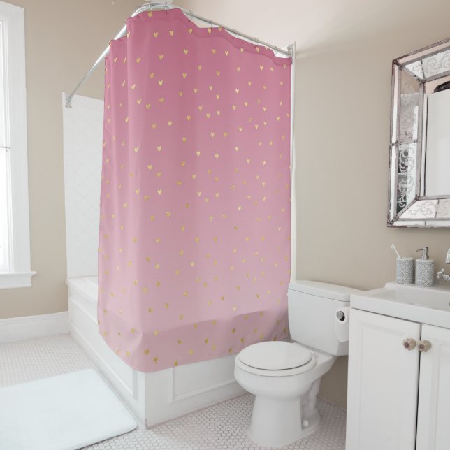 Rideaux De Douche Gold Hearts Blush Pink Ombre (En situation)