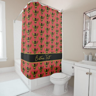 RIDEAUX DE DOUCHE GOLD JAUNE NOIR BUMBLEBEE TEXTE MOTIF BEE ROUGE