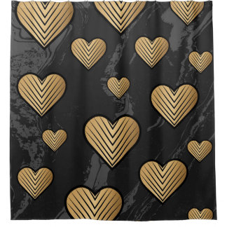 Rideaux De Douche Gold Outline Hearts on Black Marble Texture