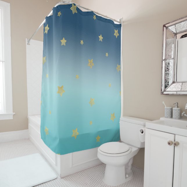 Rideaux De Douche Gold Stars Aqua Blue Ombre (En situation)