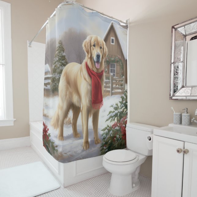 Rideaux De Douche Golden Retriever Dog in Snow Christmas (En situation)