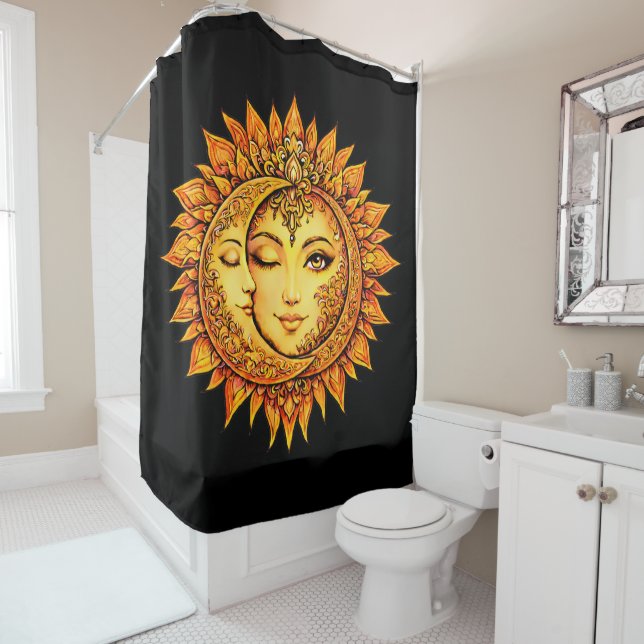 Rideaux De Douche Golden Sun Moon Boho Goddess | Celestial Mandala (En situation)