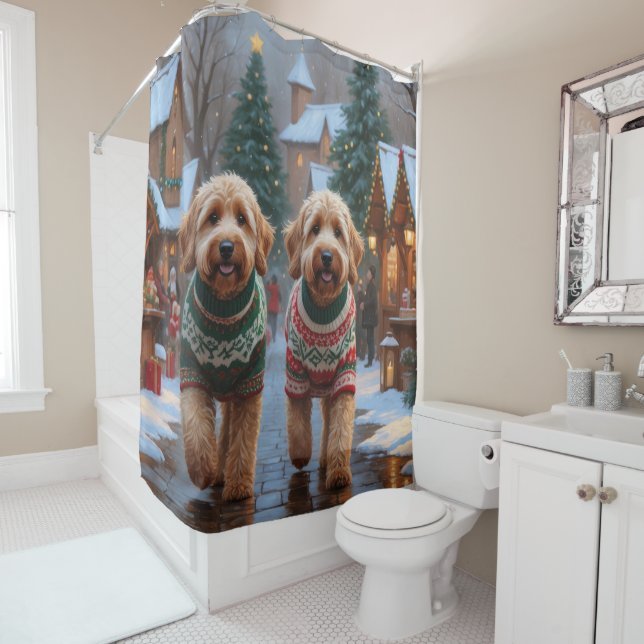 Rideaux De Douche Goldendoodle Dogs Christmas Snow Holiday (En situation)