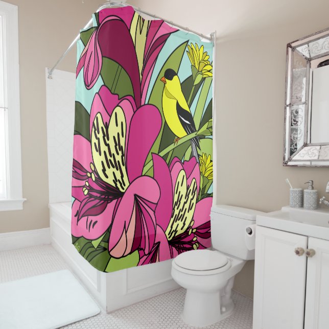 Rideaux De Douche Goldfinch et fleurs (En situation)
