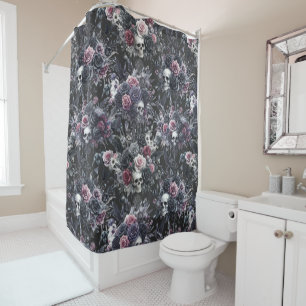 Rideaux De Douche Gothique Moody Flowers Crânes et corbeaux