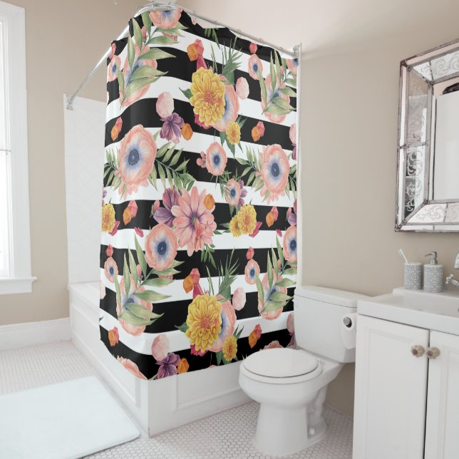 Rideaux De Douche Grandes Et Fleurs Noires Et Blanches (En situation)