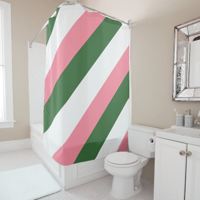 Rideaux De Douche Grandes lignes rose, blanc et vert (En situation)
