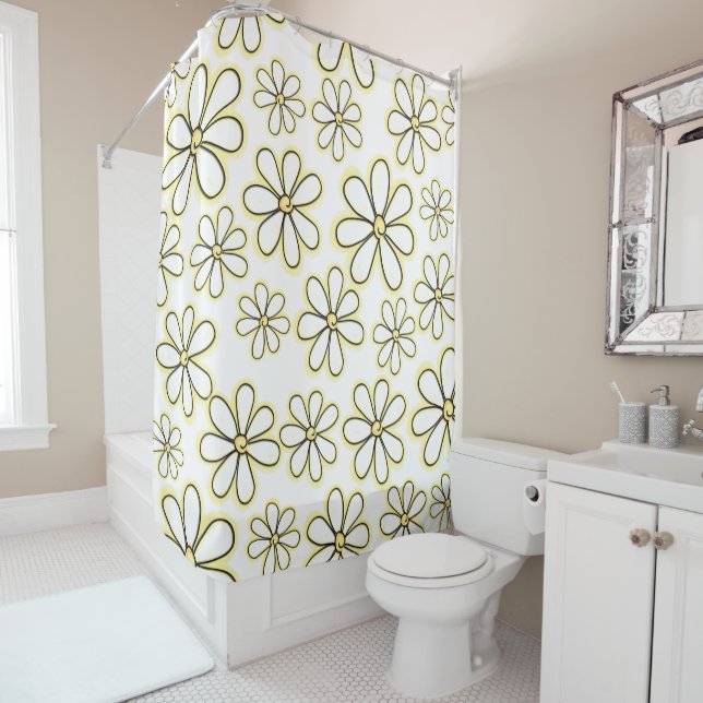 Rideaux De Douche Grandes marguerites jaunes blanches aigris (En situation)
