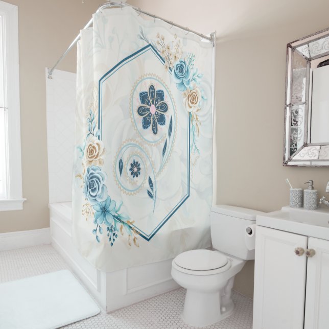 Rideaux De Douche Graphique bleu et Turquoise, "Revitalisant la vie" (En situation)