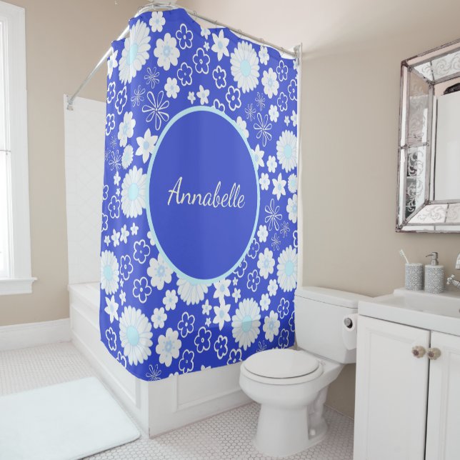 Rideaux De Douche Gras Bleu Fleurs Florales Motif Nommé (En situation)