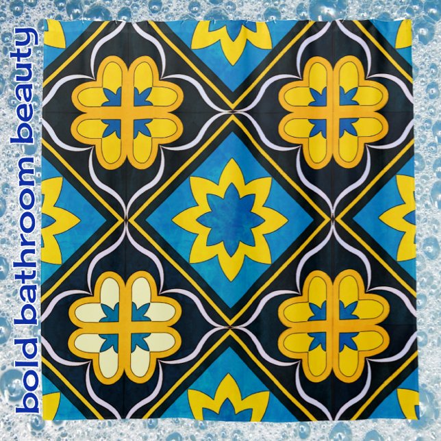 Rideaux De Douche Gras Floral Bleu Noir Jaune Carrelage Motif (Créateur téléchargé)