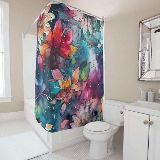 Rideaux De Douche Gras Turquoise violet bleu rouge Aquarelle Fleurs (En situation)