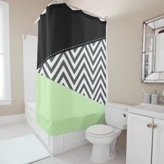Rideaux De Douche Gray Zigzag, Gray Chevron, Zigzag Pattern, Mint (En situation)