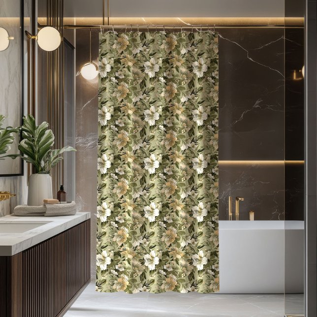 Rideaux De Douche Green Gold Floral Curtain Pastel Botanical Touch (Green Gold Floral Curtain Pastel Botanical Touch)