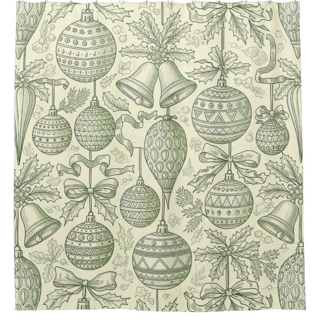 Rideaux De Douche Green Toile Christmas Bells & Ornaments Pattern 2 (Devant)