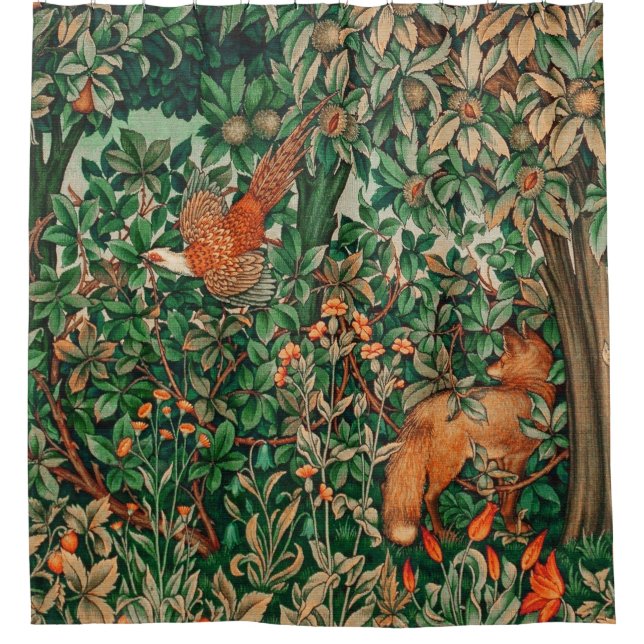 Rideaux De Douche GREENERY, FOREST ANIMALS Pheasant, Fox, Green Flor (Devant)