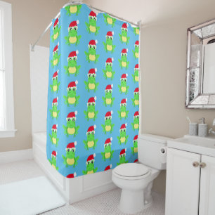Rideaux De Douche Grenouille de Noël Santa Hat Motif Bleu